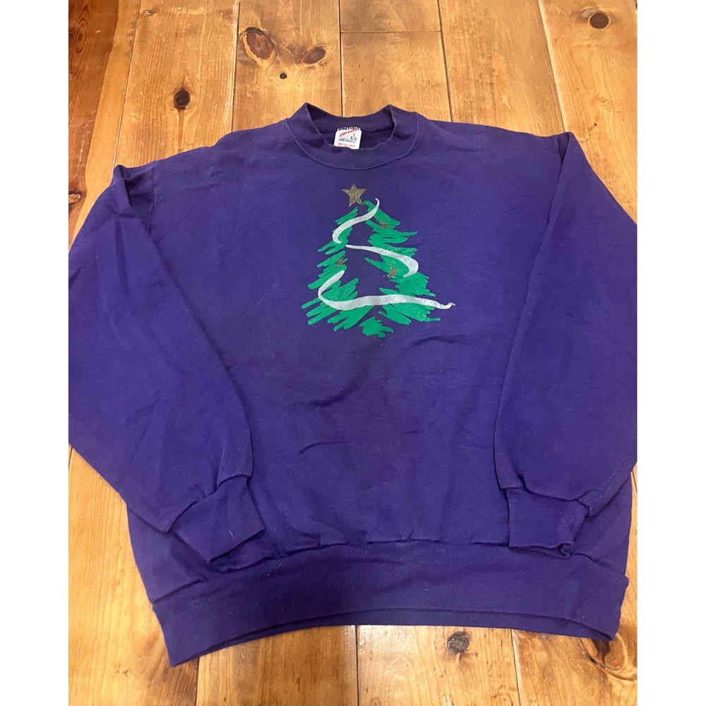 Vintage Jerzees Christmas Tree Sweatshirt Purple L Made in USA Holiday Graphic
